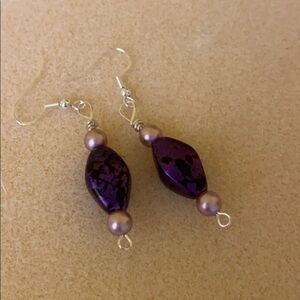 Purple , pink and .925 silver handmade drop pierced earrings